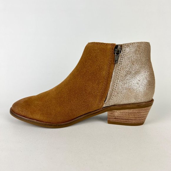 Frye Caden Womens Suede Notched Ankle Bootie Cognac Tan Metallic Heel size 6 - Picture 7 of 16